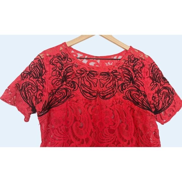 FREE PEOPLE Beautiful Dreamer Red Lace Short Sleeve Dress Size Small - Picture 3 of 7